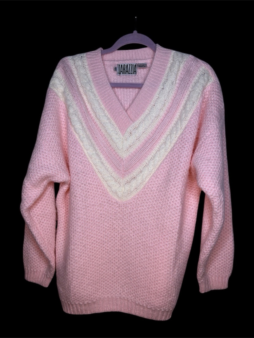 Tarazzia Pink V-Neck Chevron Accent Sweater vintage